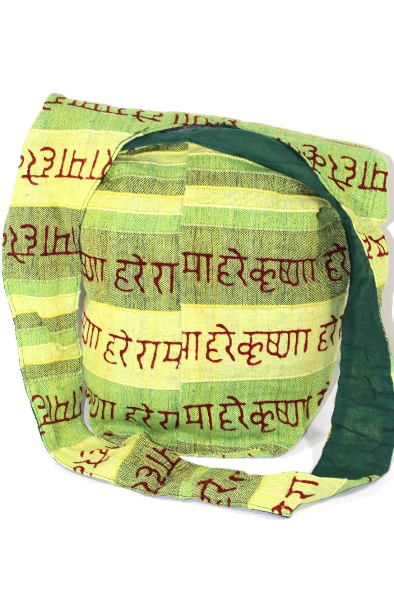 Hare Rama Hare Krishna Jhola Sling Bag in vibrant colors featuring the chant in Hindi, made from 100% cotton with a zip top and inner pocket.