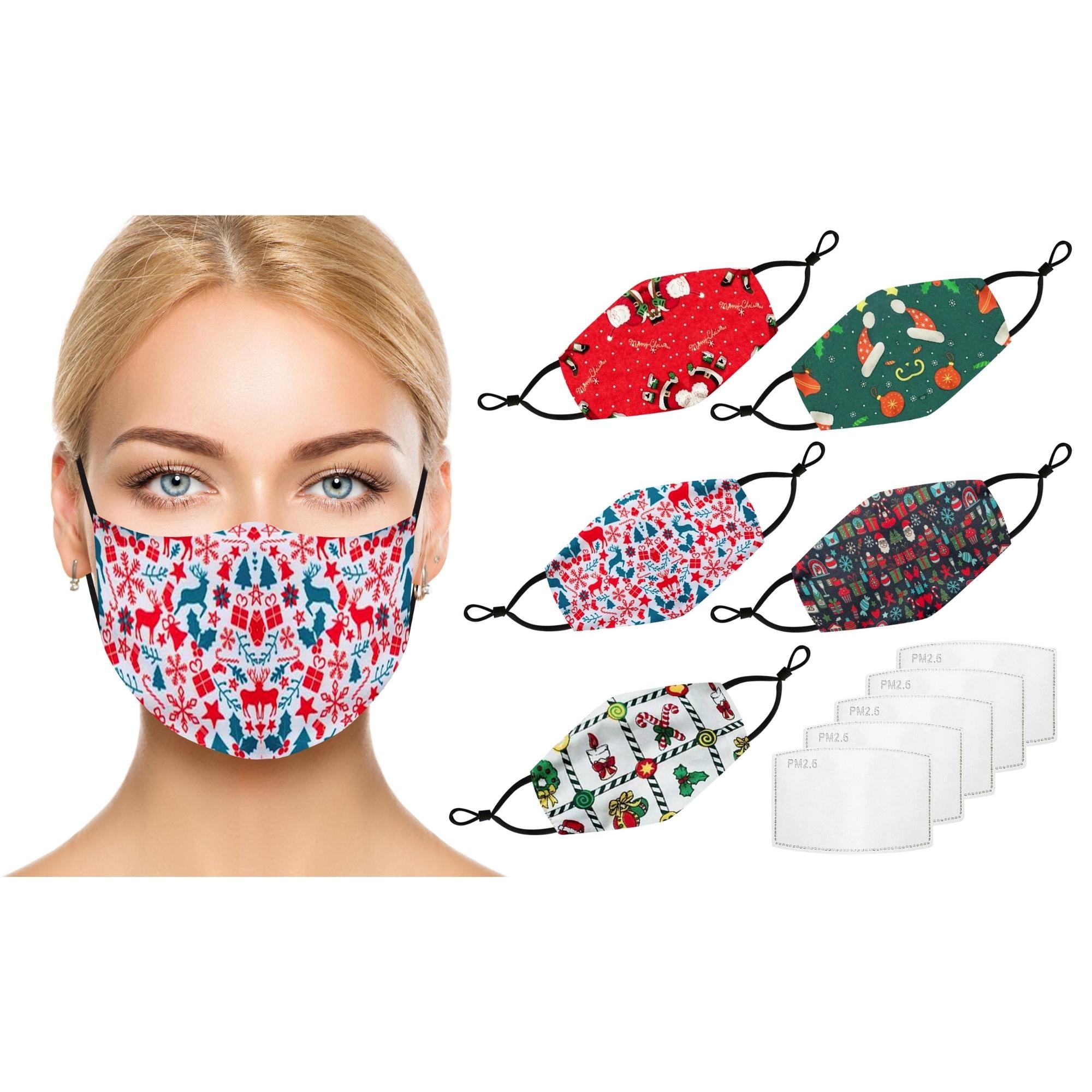 A pack of five holiday-themed fabric face masks featuring various Christmas designs with adjustable ear straps.