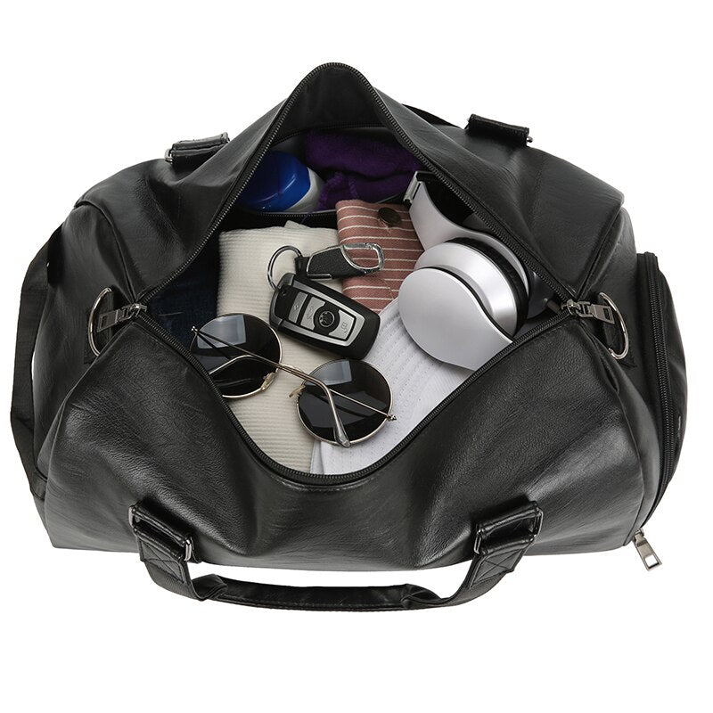 Large Capacity Retro PU Leather Dry Wet Travel Duffel Bag in a stylish design, showcasing its spacious interior and durable material.