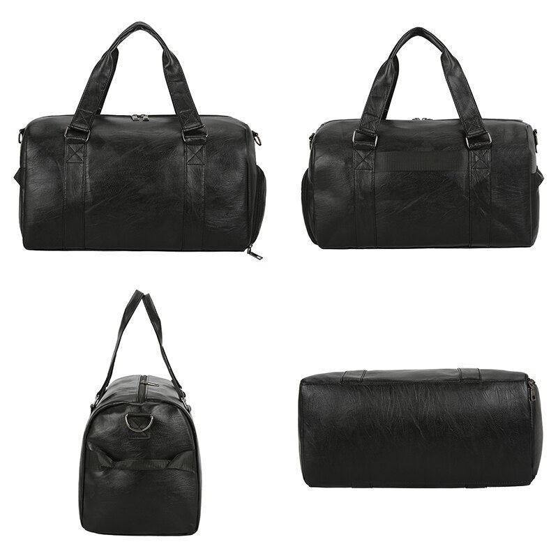 Large Capacity Retro PU Leather Dry Wet Travel Duffel Bag in a stylish design, showcasing its spacious interior and durable material.