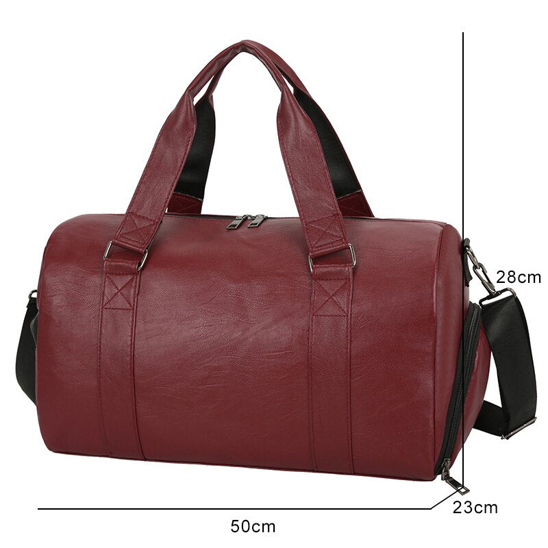 Large Capacity Retro PU Leather Dry Wet Travel Duffel Bag in a stylish design, showcasing its spacious interior and durable material.