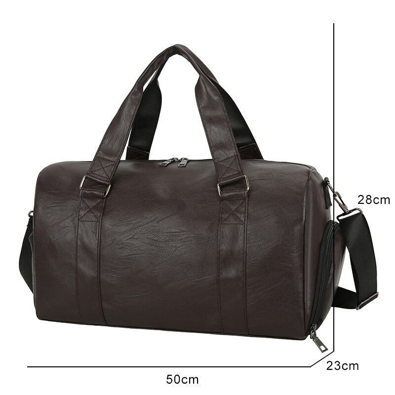 Large Capacity Retro PU Leather Dry Wet Travel Duffel Bag in a stylish design, showcasing its spacious interior and durable material.
