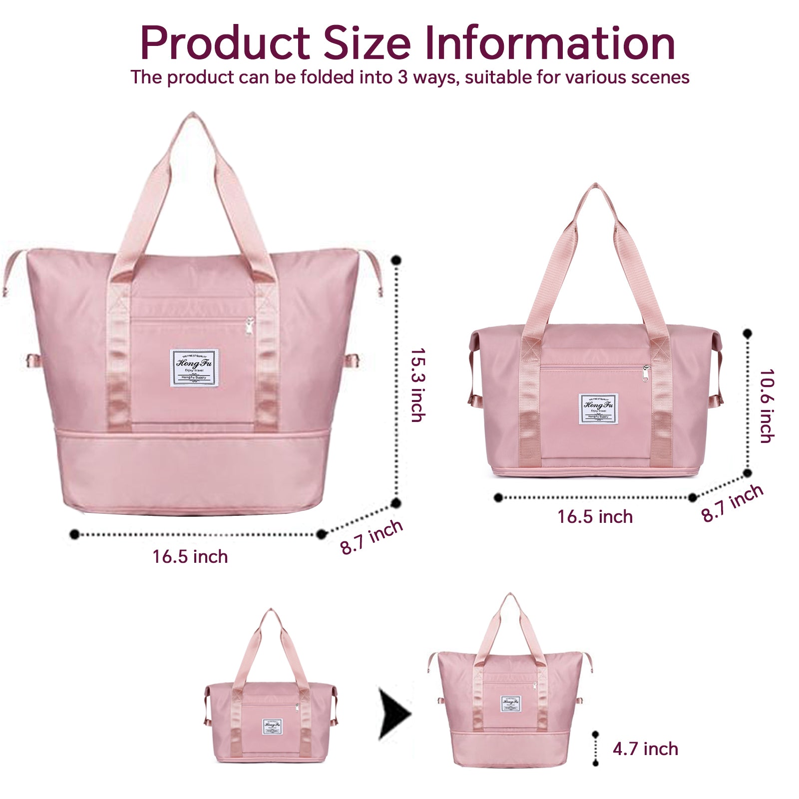 Large Capacity Travel Duffel Bag in pink and black, showcasing wet and dry separation compartments and adjustable straps.