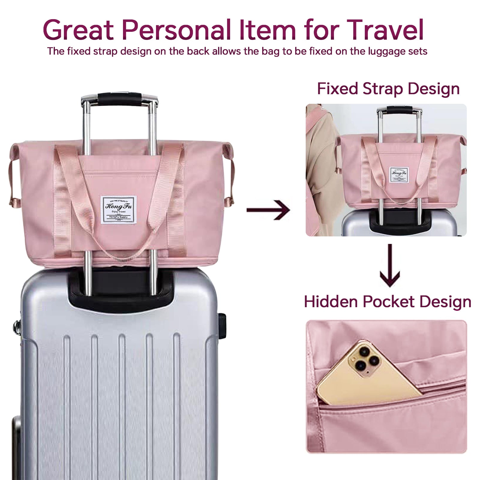Large Capacity Travel Duffel Bag in pink and black, showcasing wet and dry separation compartments and adjustable straps.