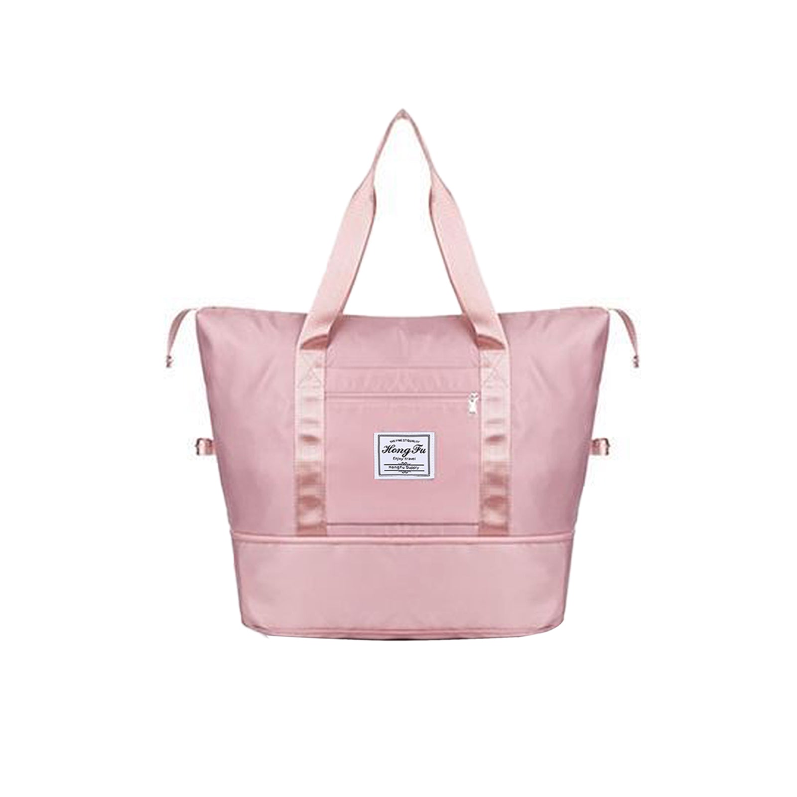 Large Capacity Travel Duffel Bag in pink and black, showcasing wet and dry separation compartments and adjustable straps.