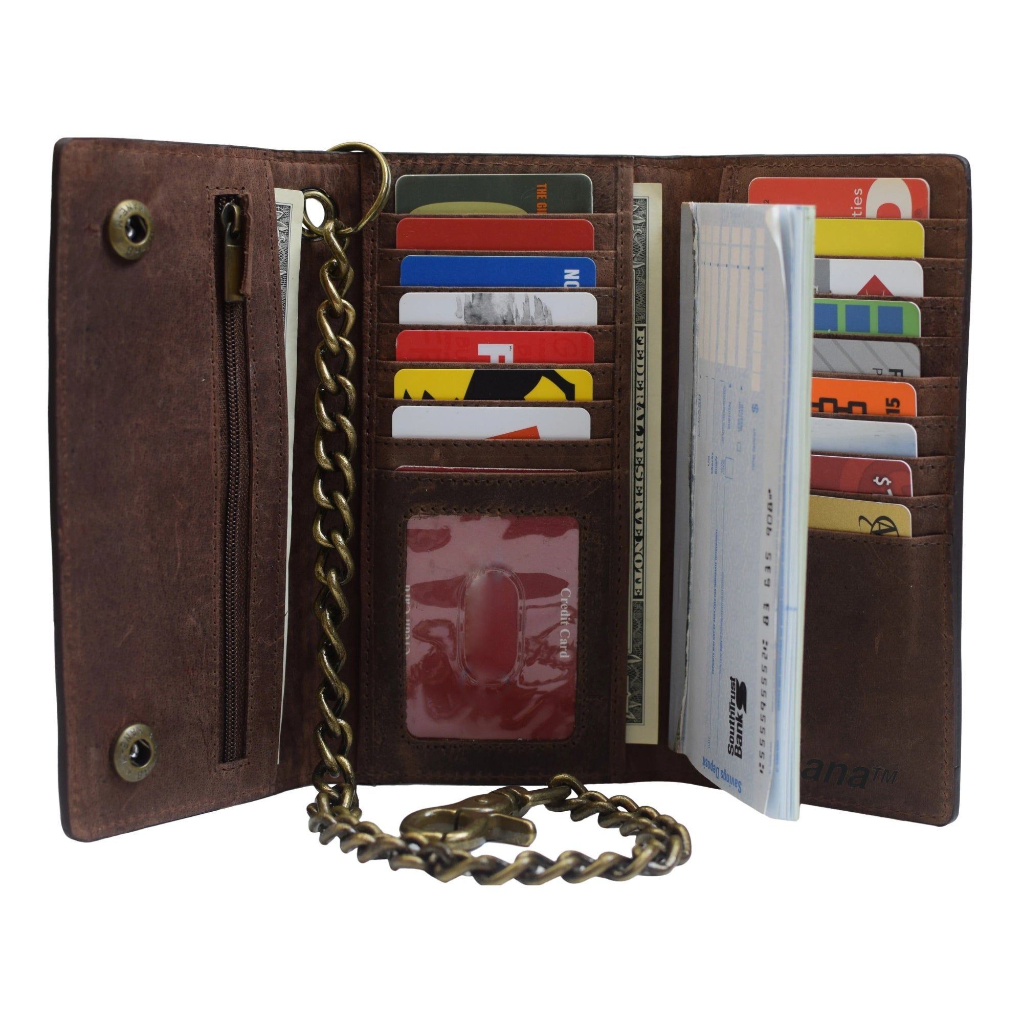Long Style Vintage Leather RFID Blocking Tri-fold Wallet with stainless steel chain, showcasing premium cowhide leather and ample storage.