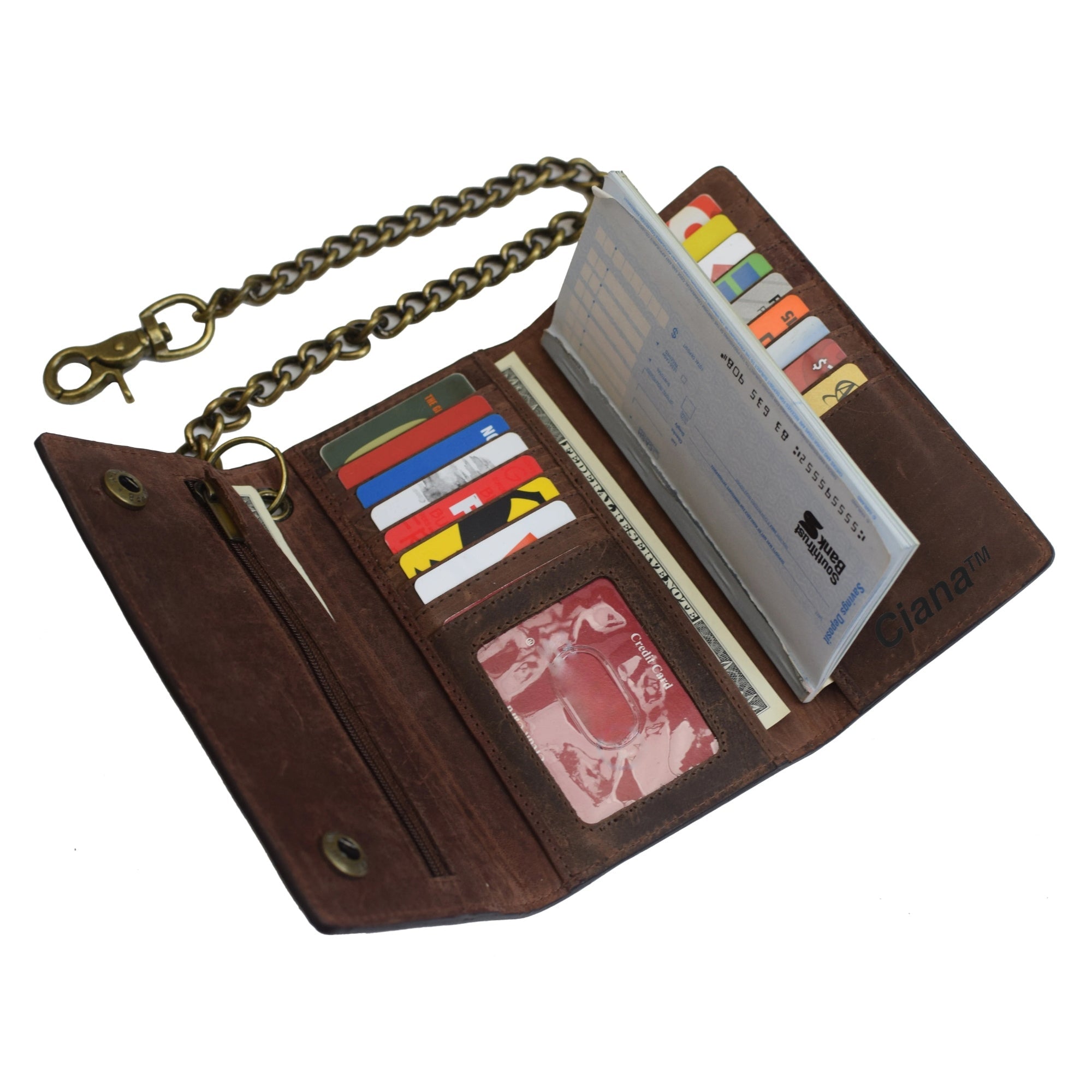 Long Style Vintage Leather RFID Blocking Tri-fold Wallet with stainless steel chain, showcasing premium cowhide leather and ample storage.