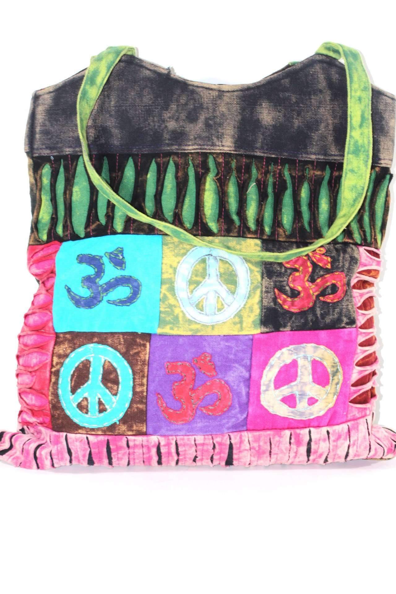 Colorful handmade jhola carry bag featuring peace and om embroidered patchwork, perfect for yoga, school, and outings.