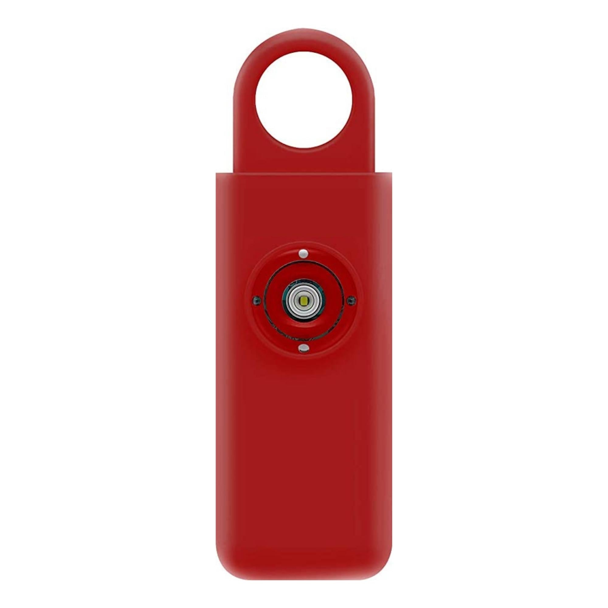 A compact personal safety alarm keychain featuring a strobe light and pull pin mechanism for emergency situations.