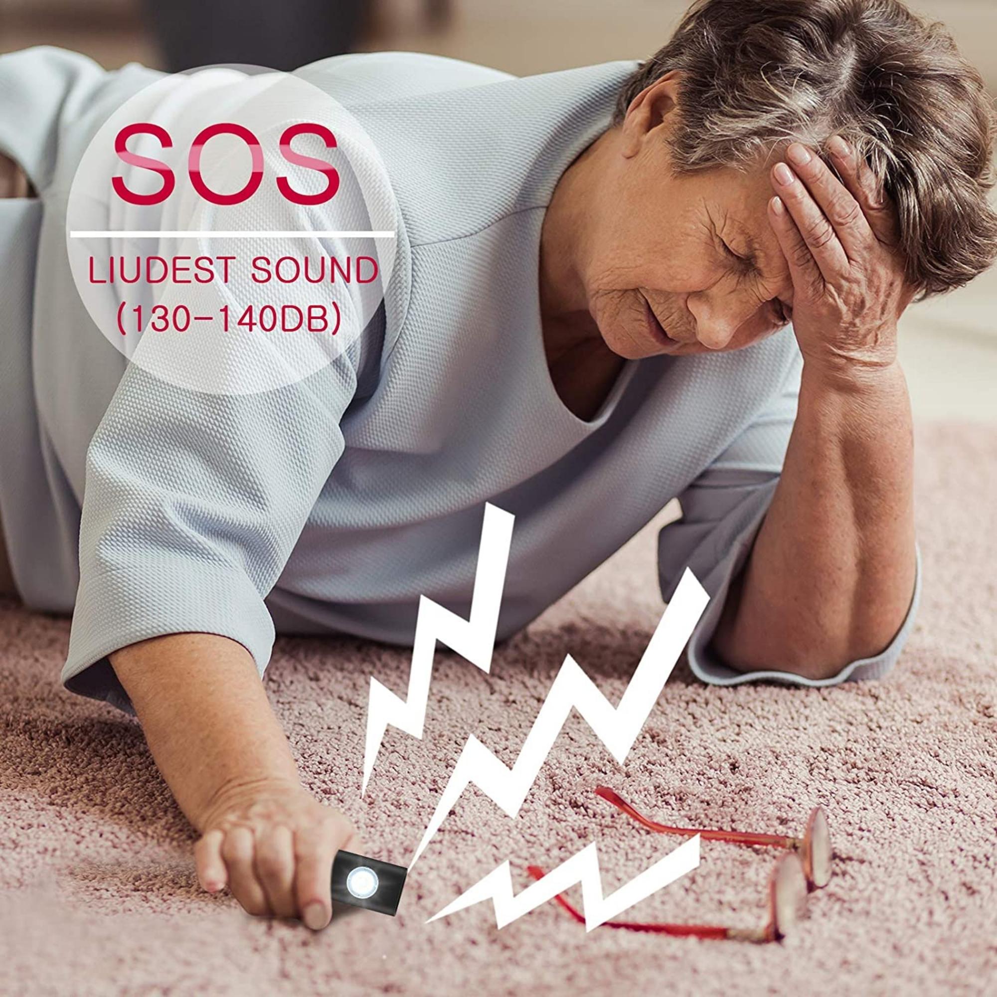 A compact personal safety alarm keychain featuring a strobe light and pull pin mechanism for emergency situations.