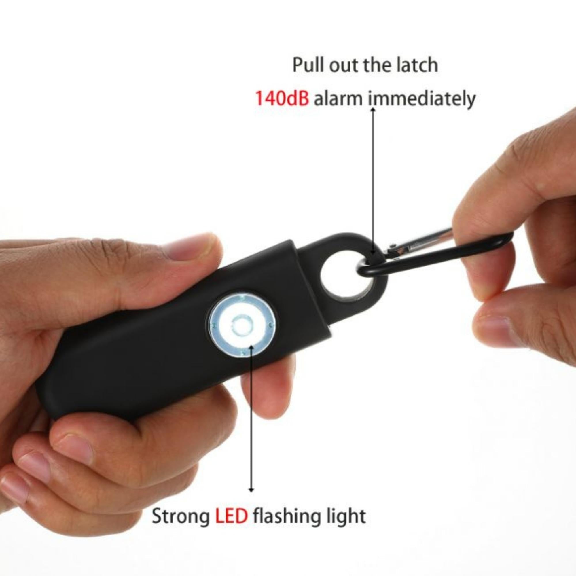 A compact personal safety alarm keychain featuring a strobe light and pull pin mechanism for emergency situations.