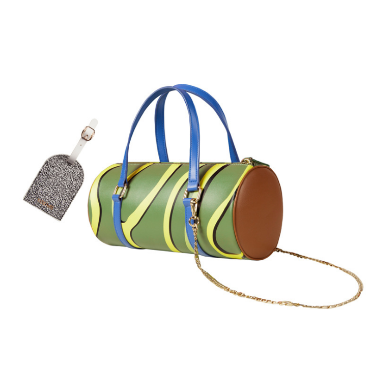 A stylish PU Printing Long Round Duffel Bag in a modern design, featuring a durable PU material and an adjustable 115cm belt for comfortable carrying.