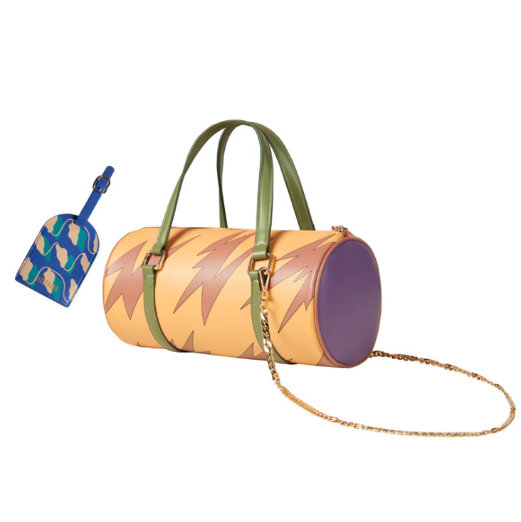 A stylish PU Printing Long Round Duffel Bag in a modern design, featuring a durable PU material and an adjustable 115cm belt for comfortable carrying.