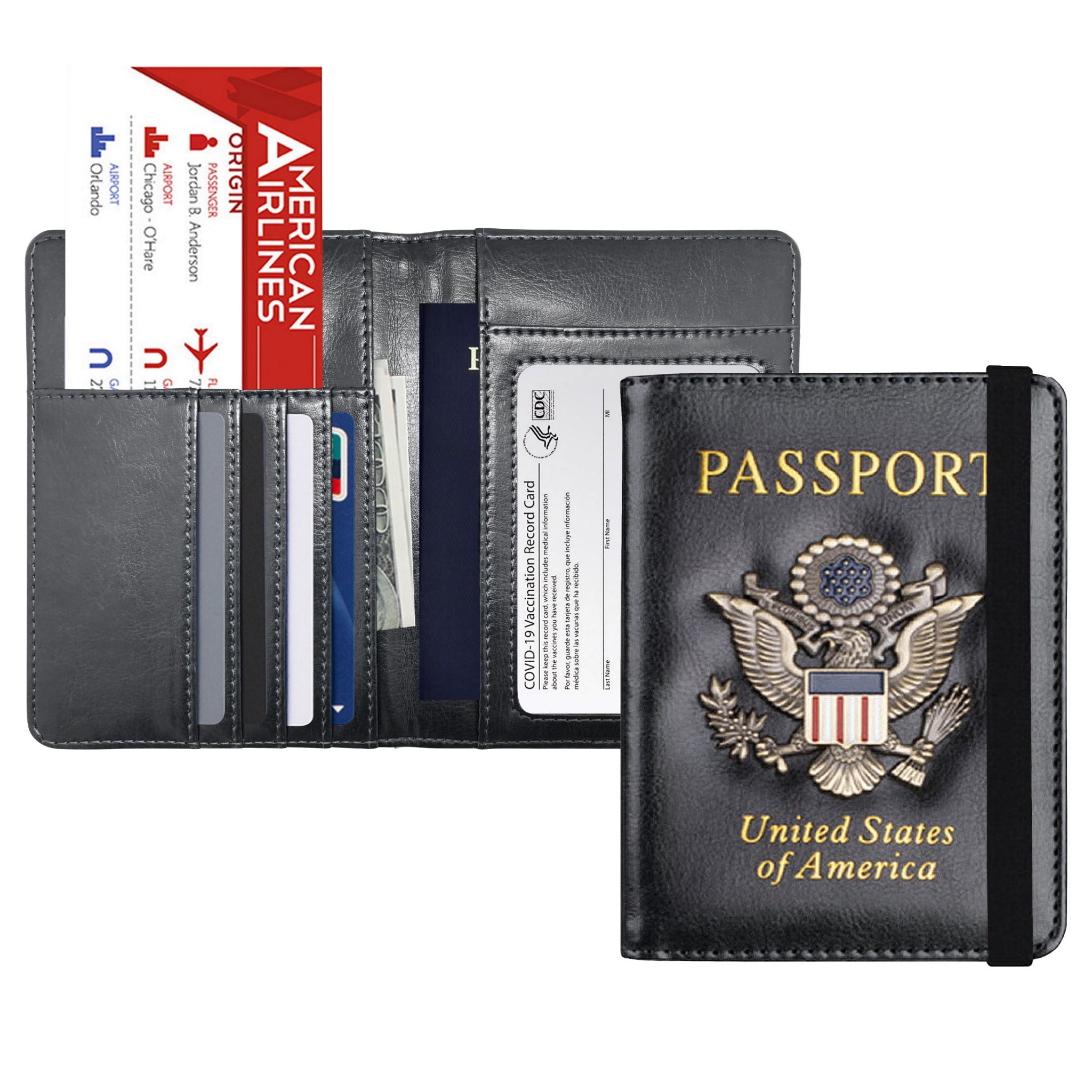 RFID Blocking Leather Passport Wallet with Vaccination Card Slot, showcasing premium leather and multiple slots for travel documents.