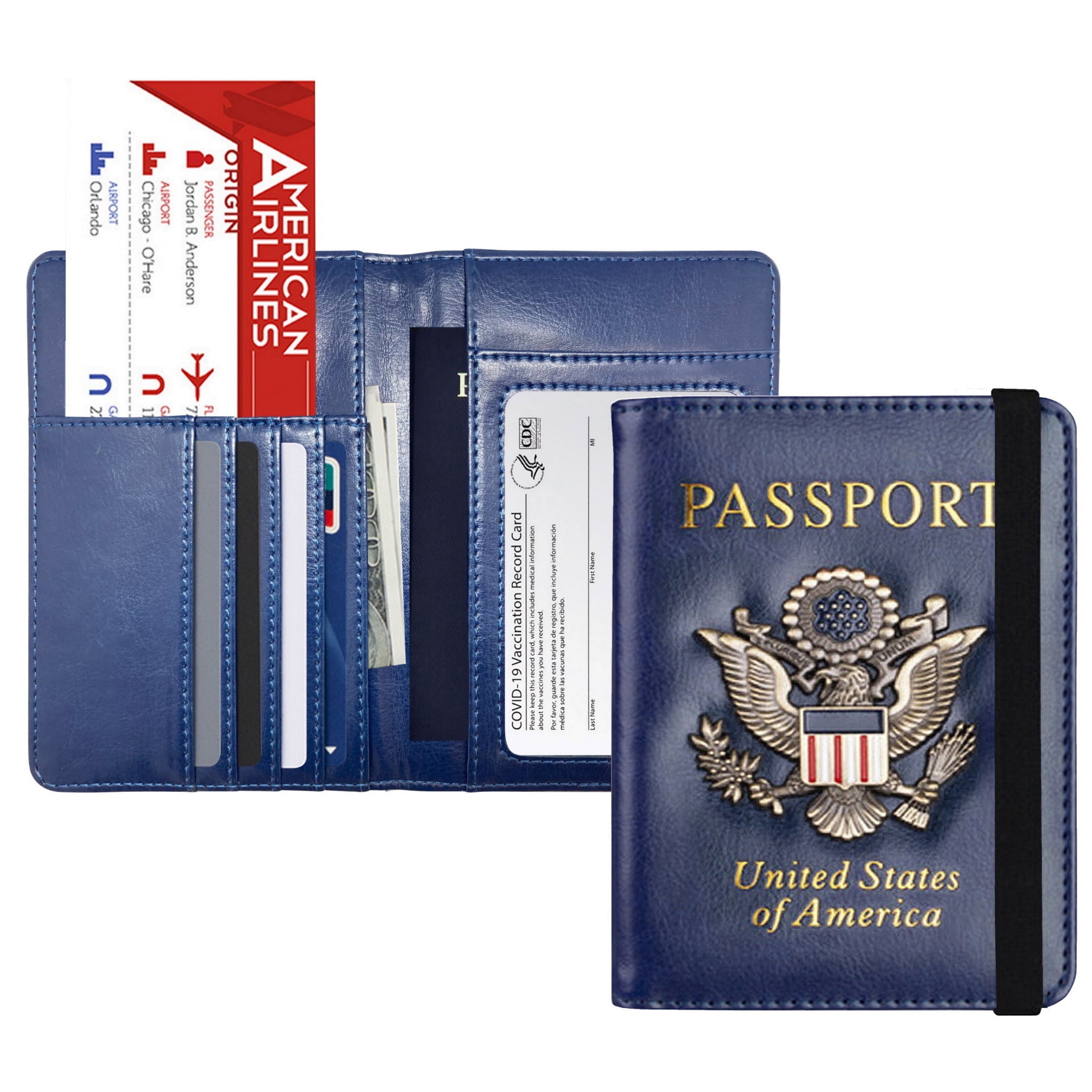RFID Blocking Leather Passport Wallet with Vaccination Card Slot, showcasing premium leather and multiple slots for travel documents.