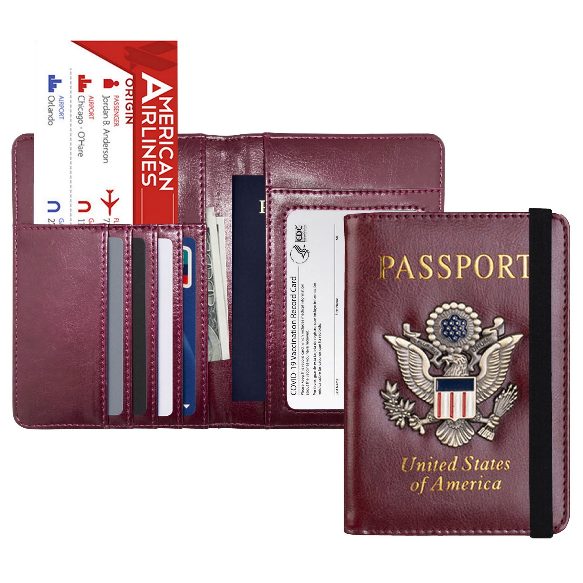 RFID Blocking Leather Passport Wallet with Vaccination Card Slot, showcasing premium leather and multiple slots for travel documents.