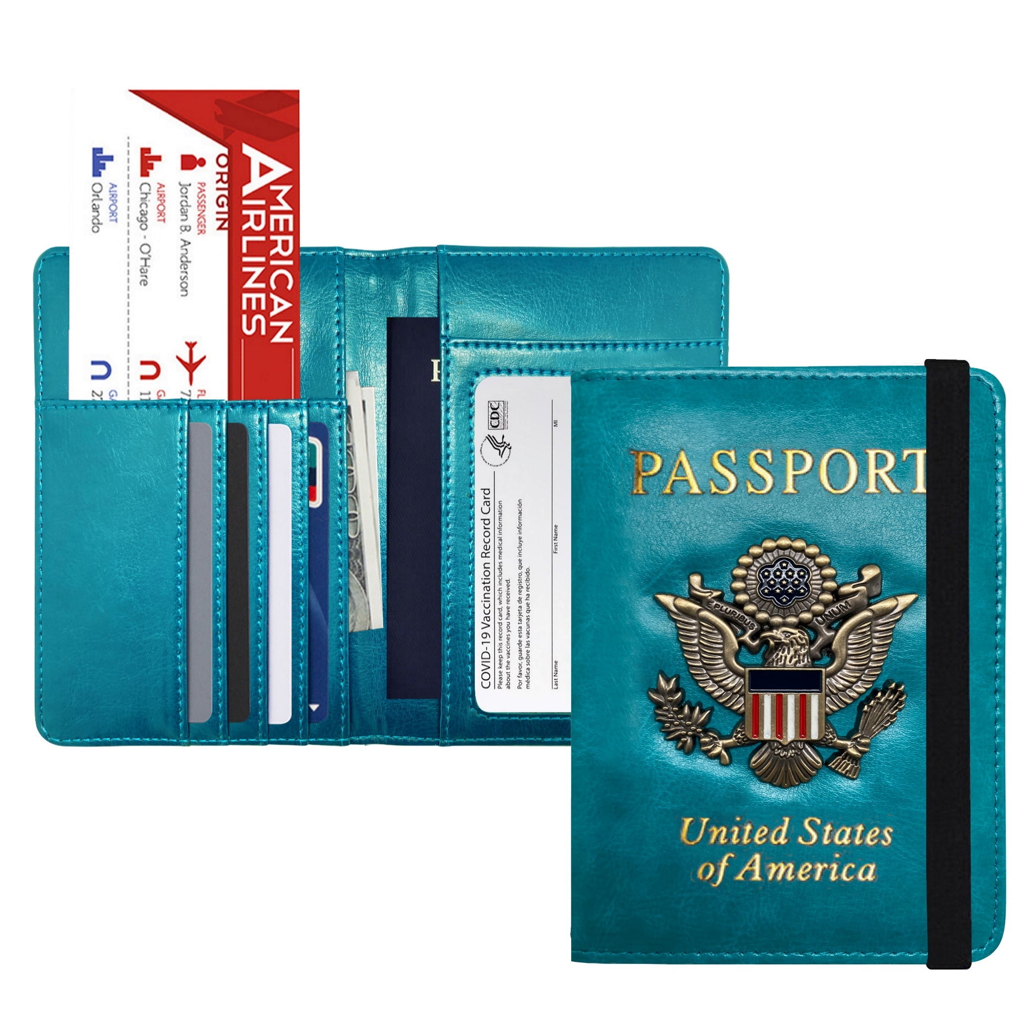 RFID Blocking Leather Passport Wallet with Vaccination Card Slot, showcasing premium leather and multiple slots for travel documents.