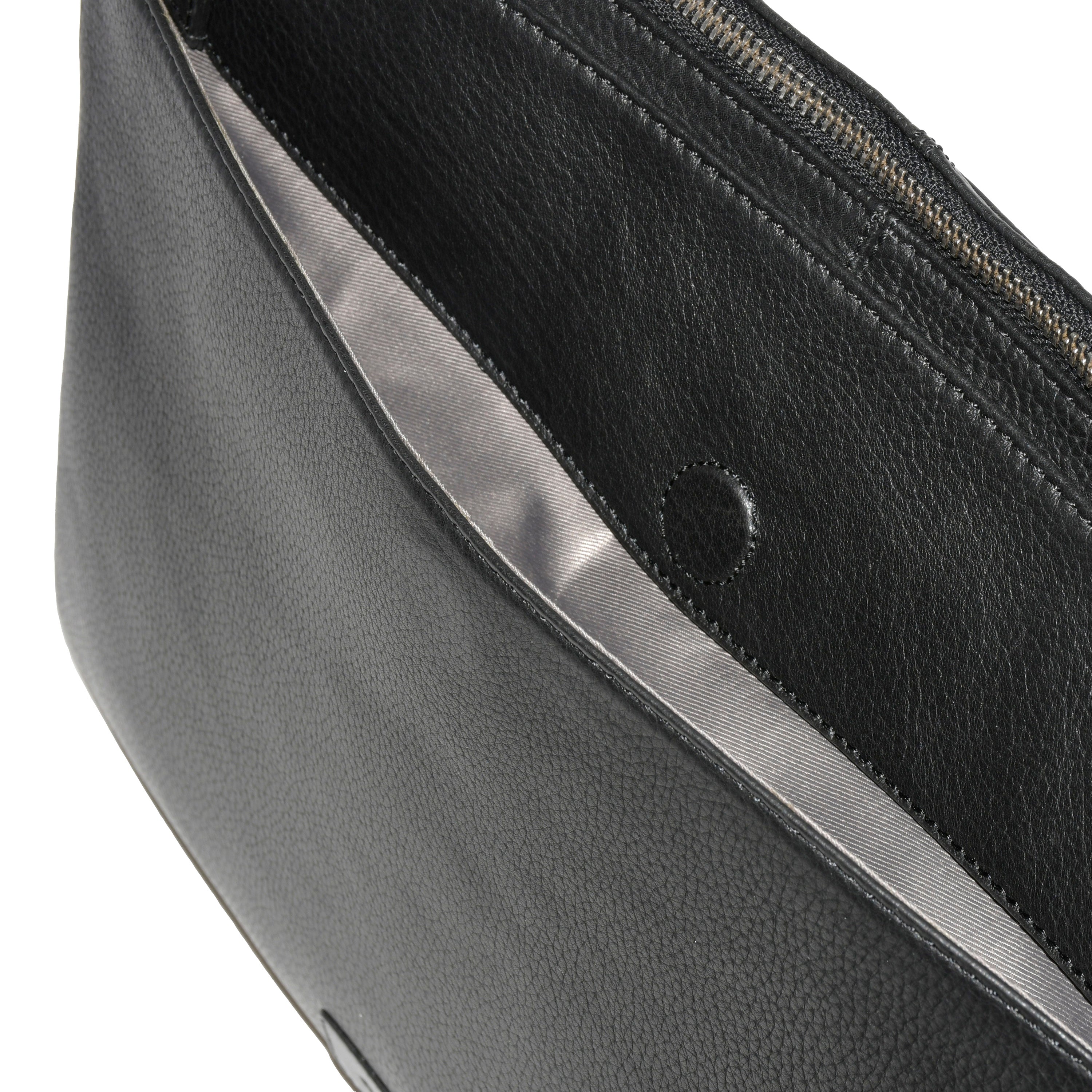 Slim and elegant leather messenger bag with adjustable strap and multiple compartments for documents and devices.