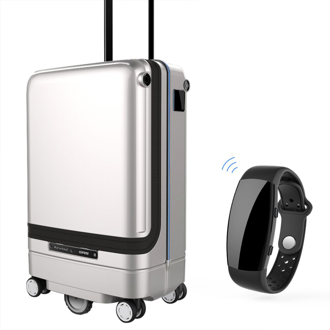 A stylish Smart Self-Following Suitcase designed to follow its owner, featuring a fingerprint unlocking system and USB charging port.