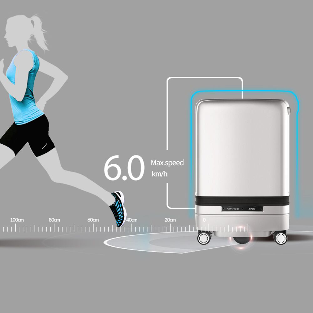 A stylish Smart Self-Following Suitcase designed to follow its owner, featuring a fingerprint unlocking system and USB charging port.