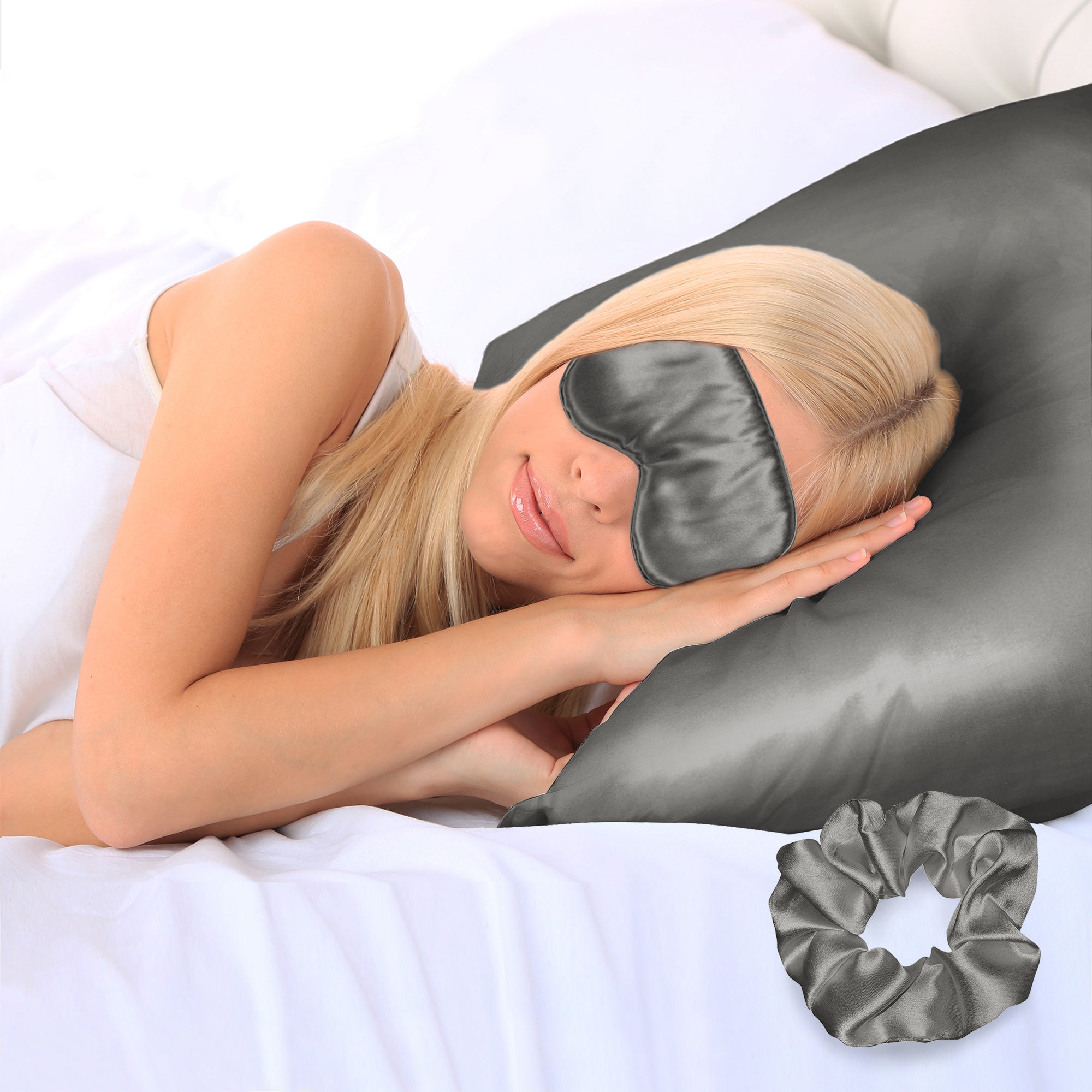 A luxurious 3-piece set featuring a super-soft satin pillowcase, eye mask, and scrunchie, perfect for enhancing sleep quality and beauty.