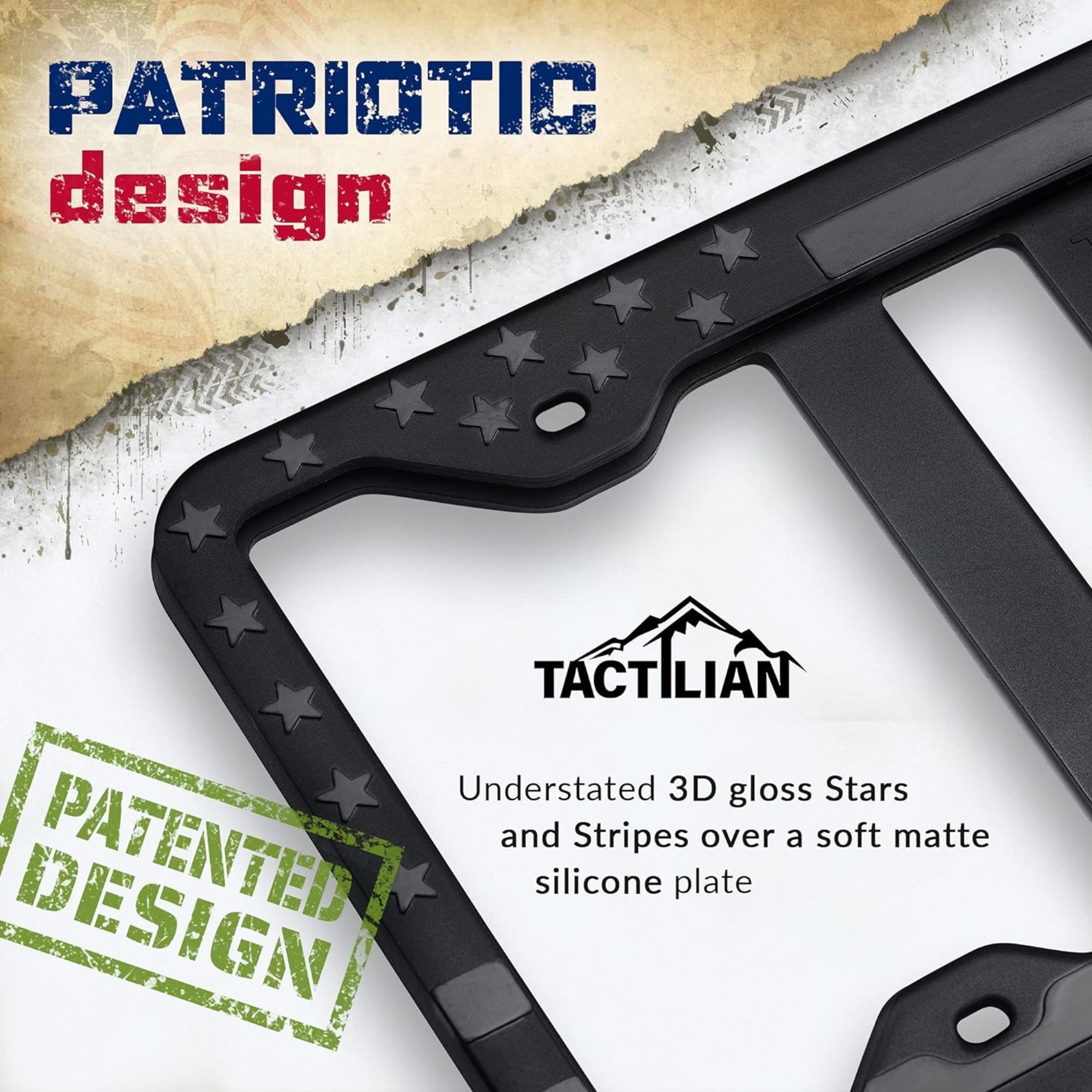 Tactilian Original Silicone American Flag License Plate Frame Holder showcasing vibrant colors and durable design.