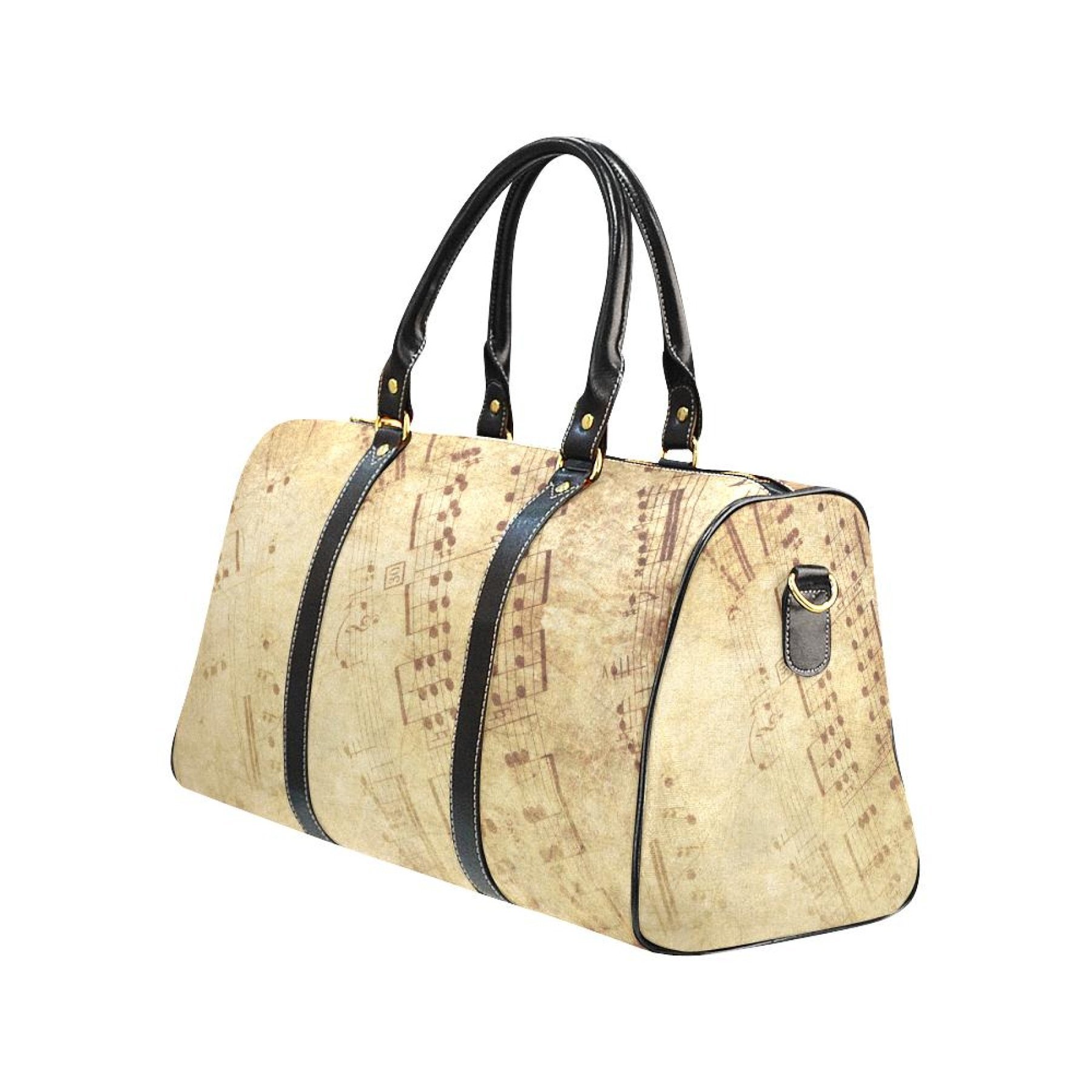 Beige leather travel bag with sheet music design, featuring sturdy handles and adjustable shoulder strap.