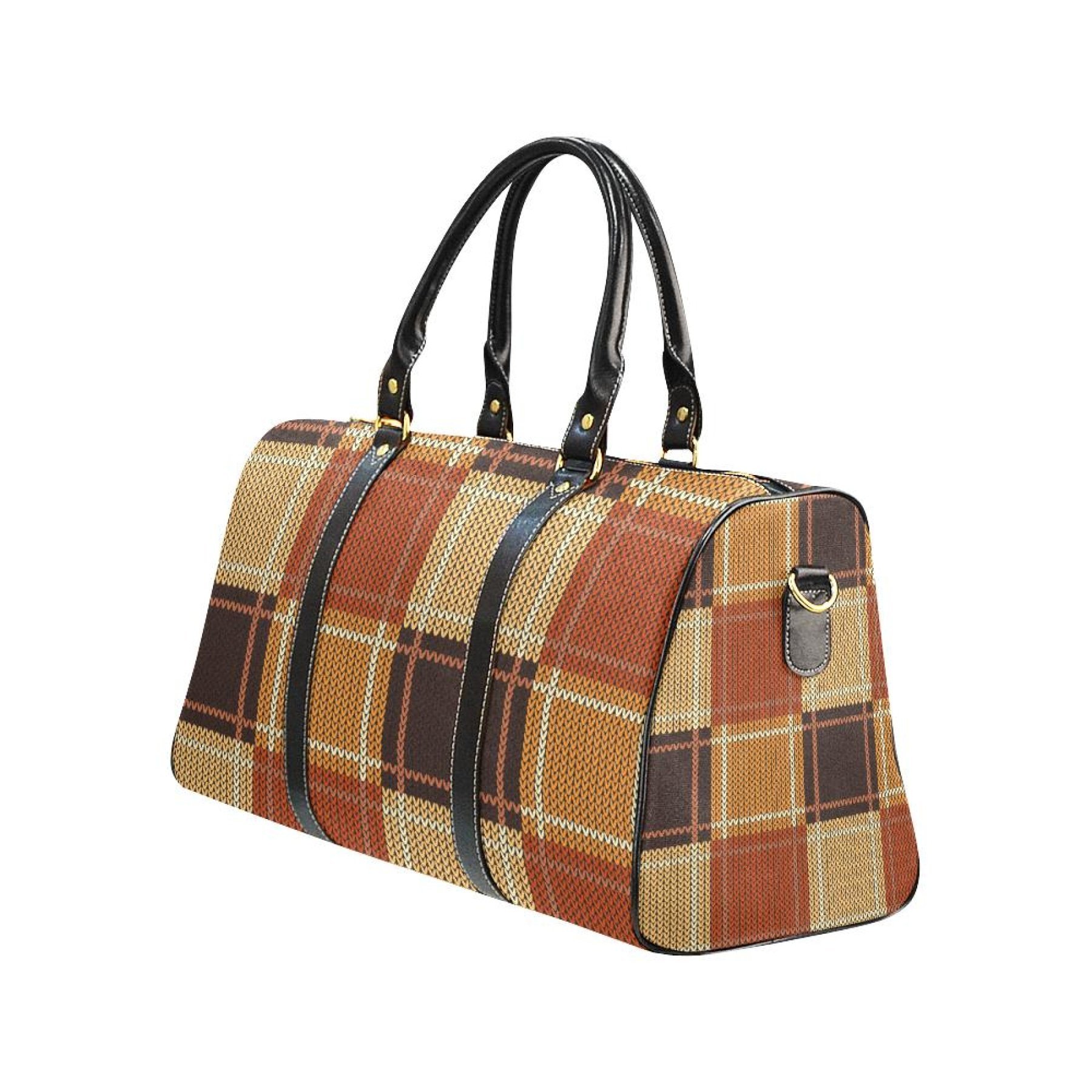 Stylish brown checker leather travel bag with adjustable shoulder strap and sturdy handles, perfect for carrying personal items.