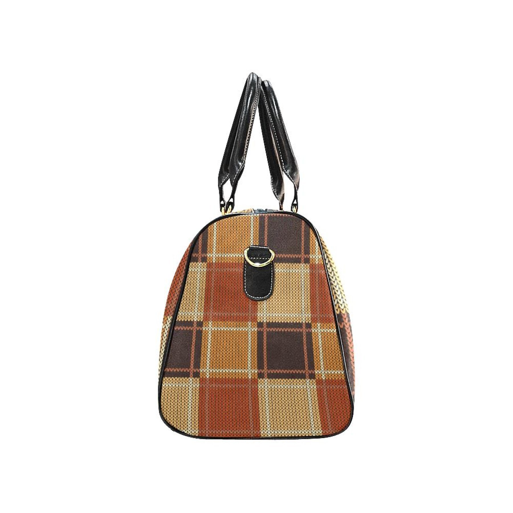 Stylish brown checker leather travel bag with adjustable shoulder strap and sturdy handles, perfect for carrying personal items.