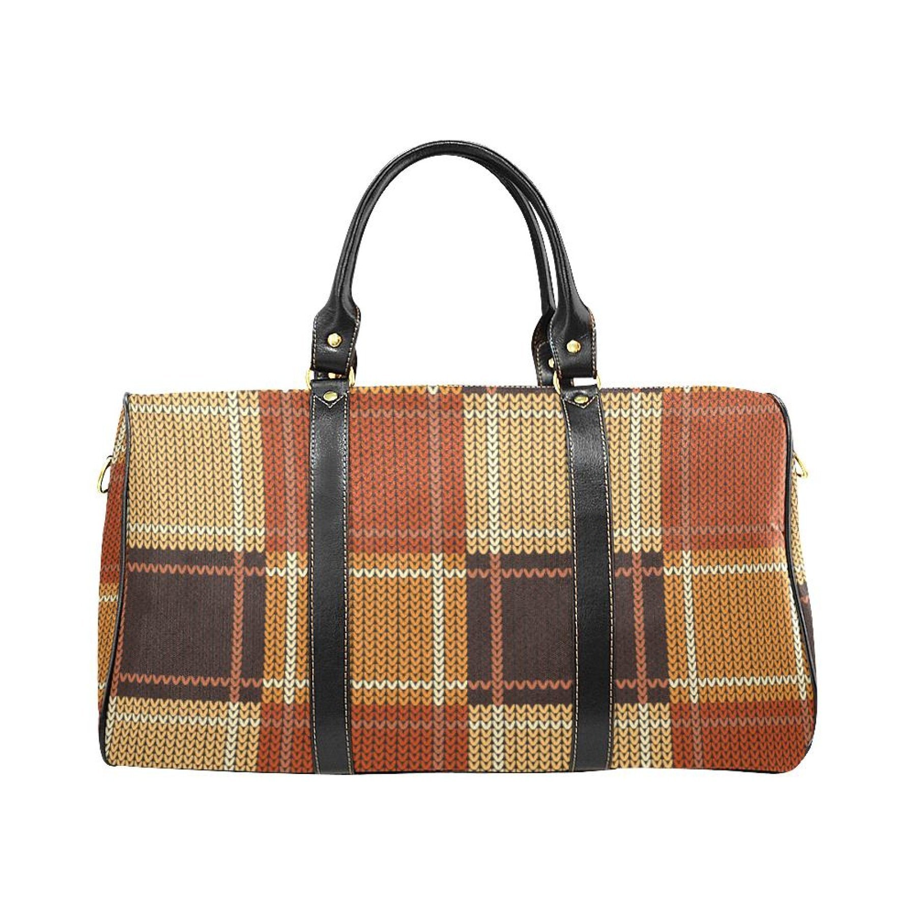 Stylish brown checker leather travel bag with adjustable shoulder strap and sturdy handles, perfect for carrying personal items.