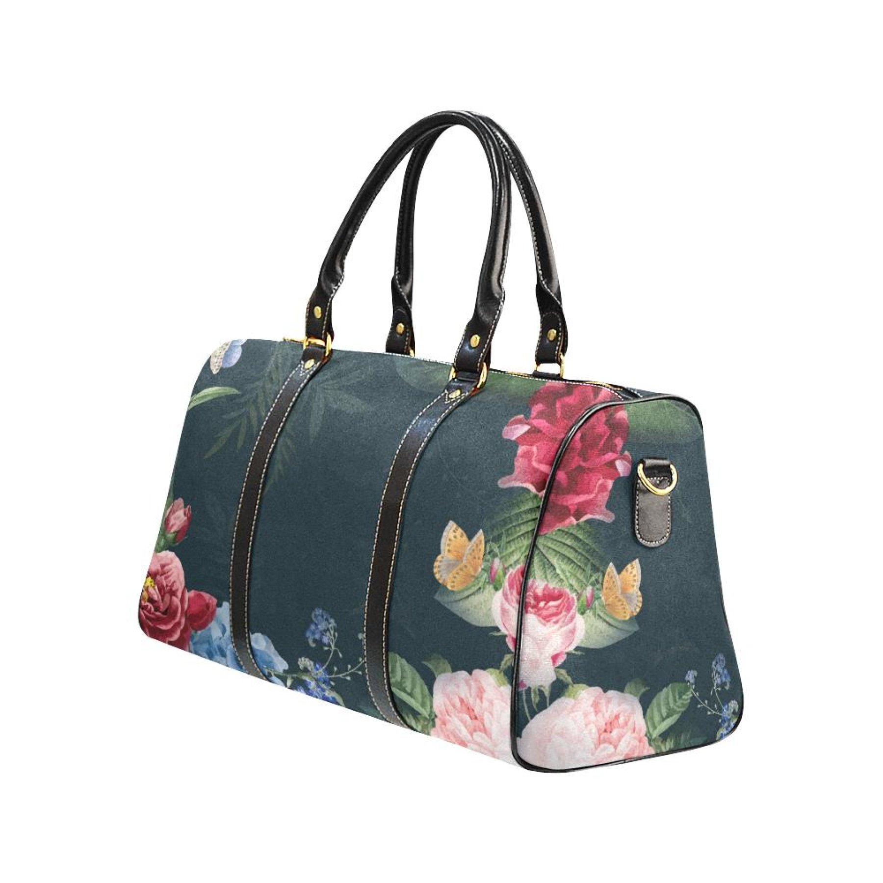 Large green floral travel bag made from waterproof fabric, featuring sturdy handles and an adjustable shoulder strap.