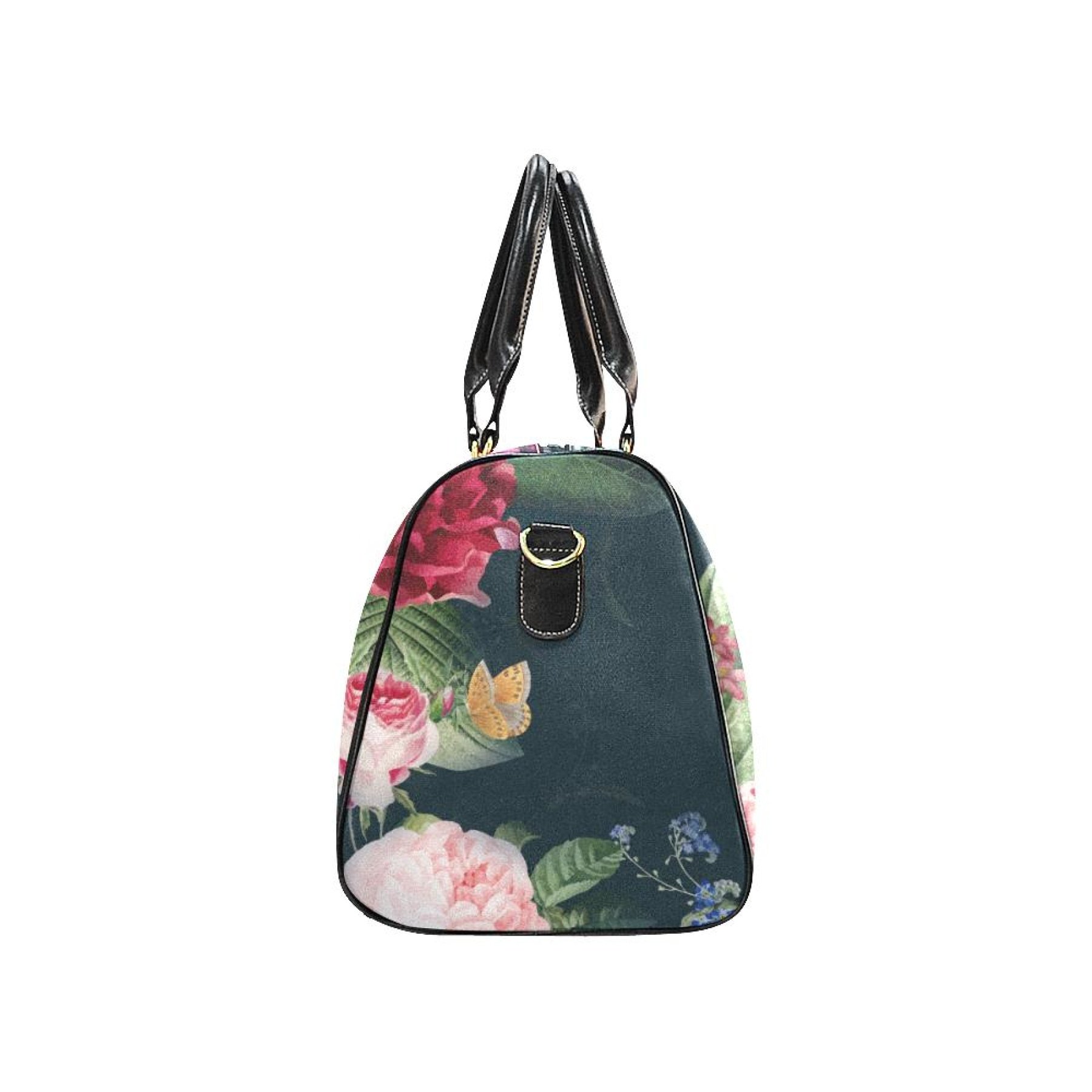 Large green floral travel bag made from waterproof fabric, featuring sturdy handles and an adjustable shoulder strap.