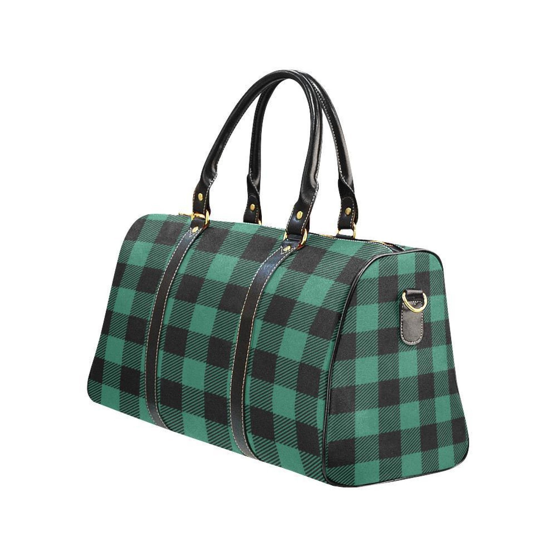 Large green plaid leather carry-on travel bag with sturdy handles and adjustable shoulder strap, perfect for travel and outdoor activities.