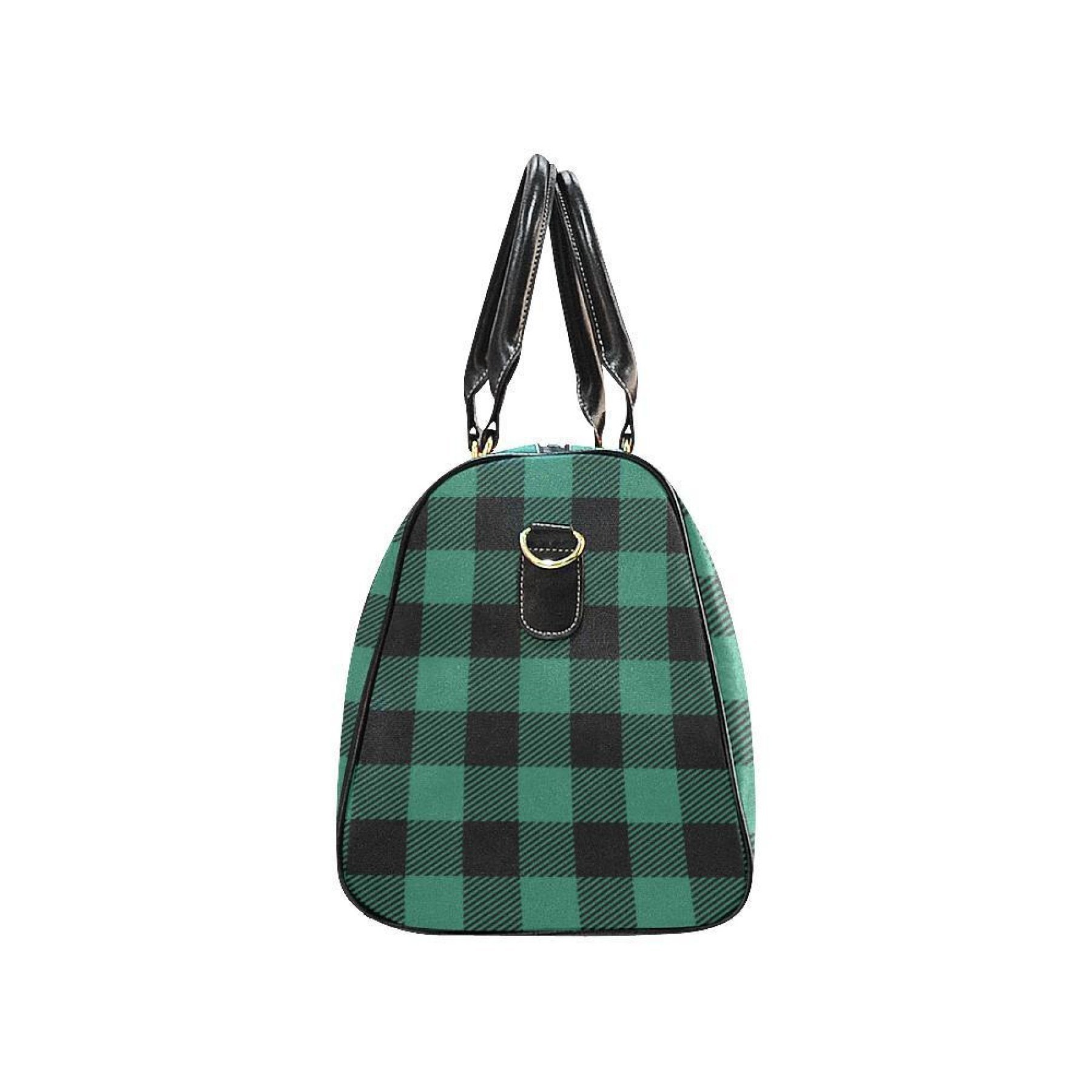 Large green plaid leather carry-on travel bag with sturdy handles and adjustable shoulder strap, perfect for travel and outdoor activities.
