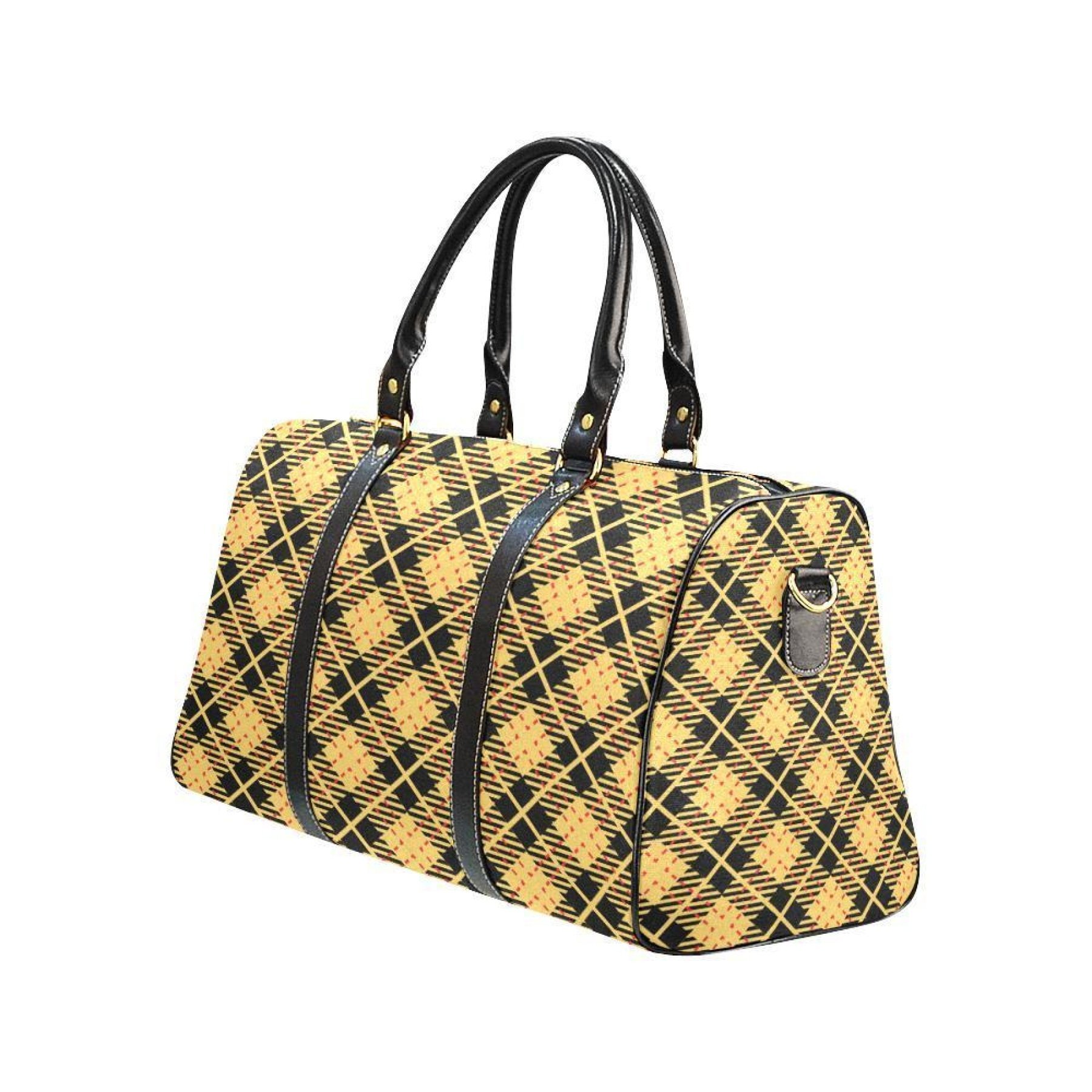 Stylish yellow herringbone leather travel bag with sturdy handles and adjustable shoulder strap, perfect for travel and daily use.
