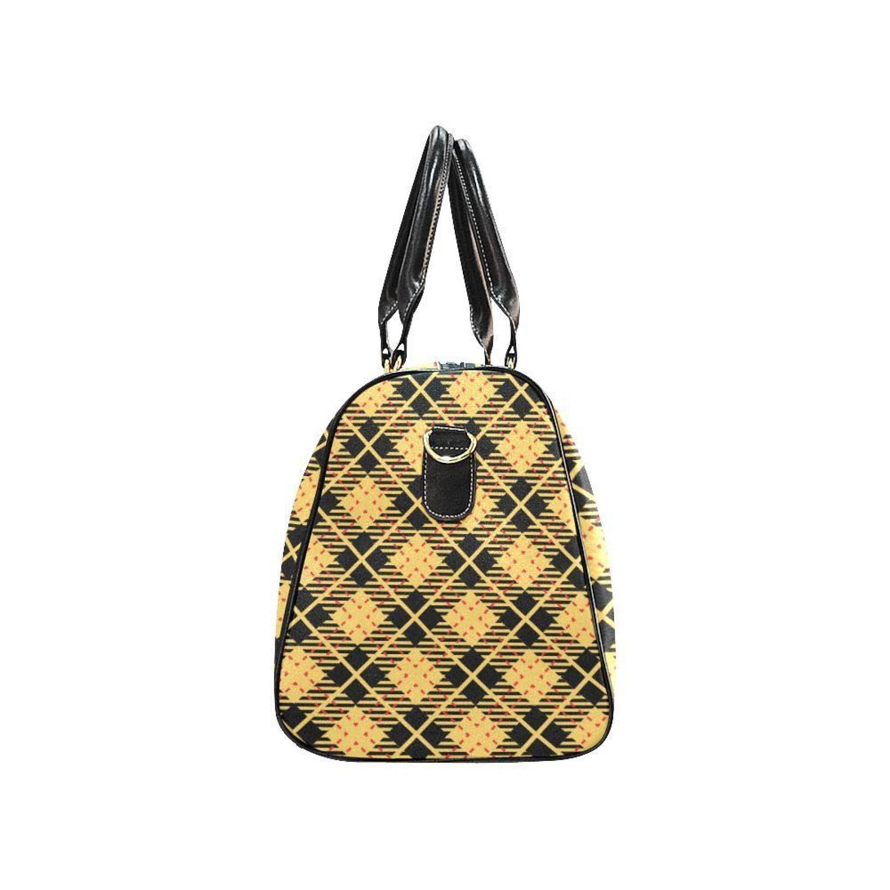 Stylish yellow herringbone leather travel bag with sturdy handles and adjustable shoulder strap, perfect for travel and daily use.