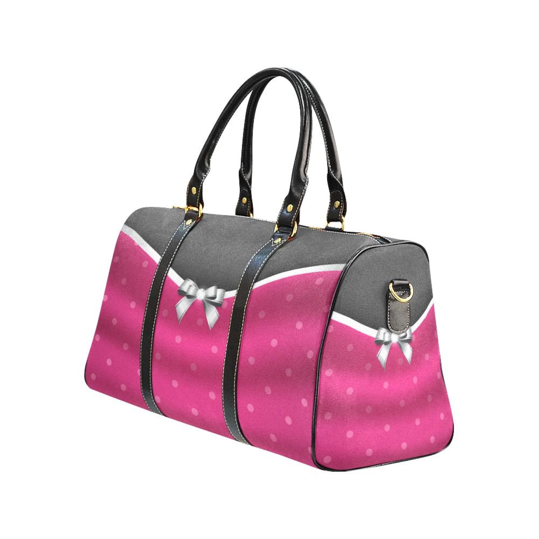 Stylish pink and black bow travel bag with double handles and adjustable shoulder strap, perfect for travel and daily use.
