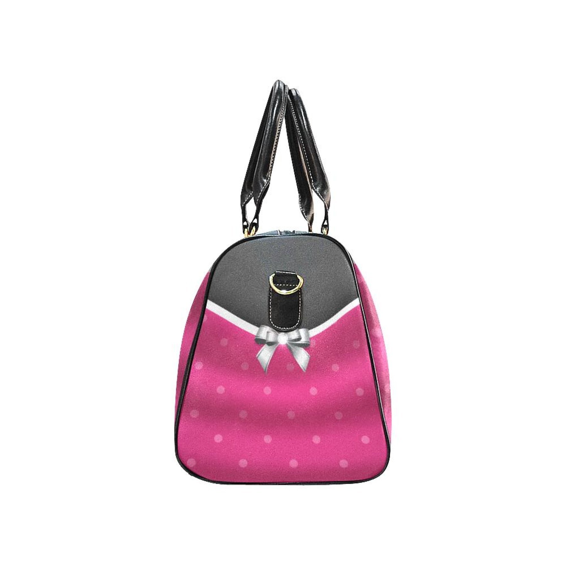 Stylish pink and black bow travel bag with double handles and adjustable shoulder strap, perfect for travel and daily use.