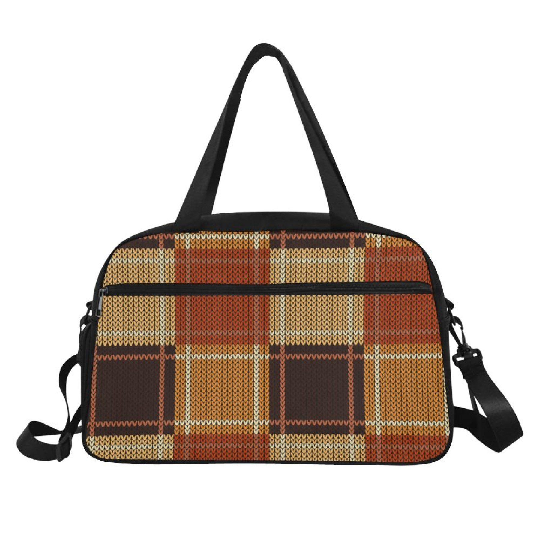 Stylish brown and beige checkered travel carry-on bag with sturdy handle and adjustable shoulder strap, perfect for weekend trips and overnight stays.