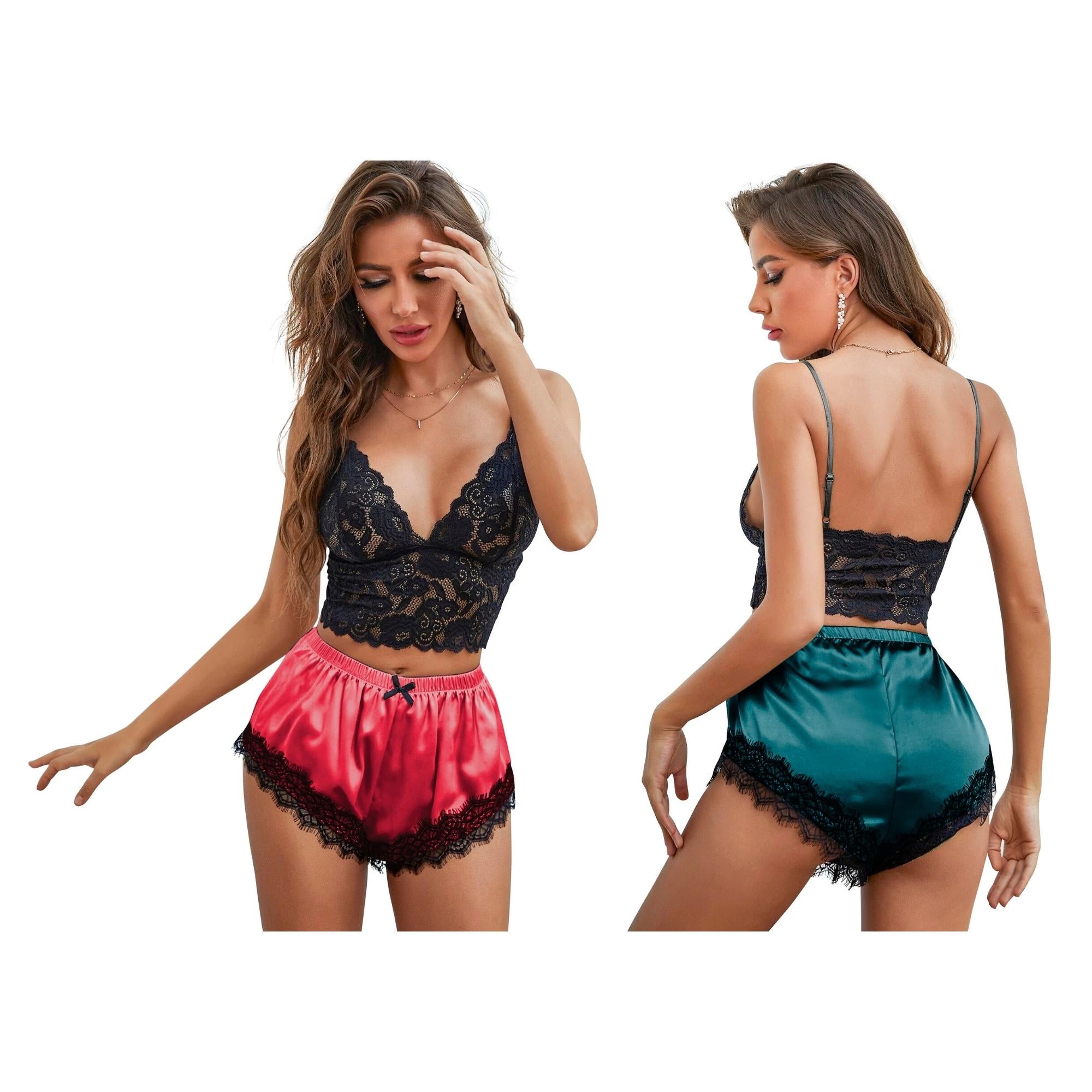 Women's Four-Piece Lace-Trimmed Satin Pajama Set featuring a lace bodysuit and elegant satin fabric, perfect for romantic occasions.