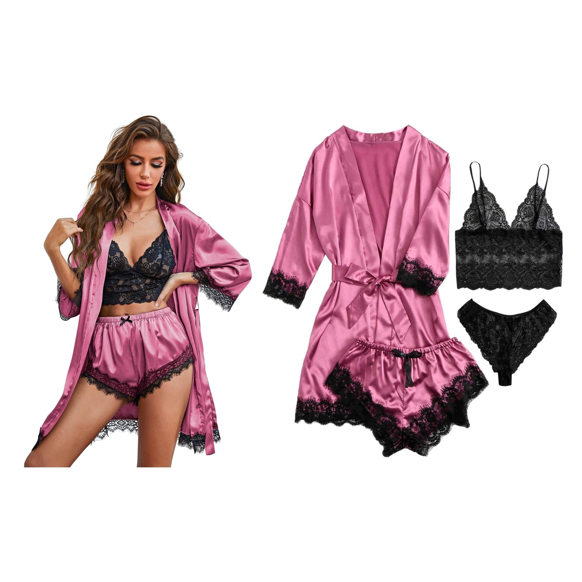 Women's Four-Piece Lace-Trimmed Satin Pajama Set featuring a lace bodysuit and elegant satin fabric, perfect for romantic occasions.