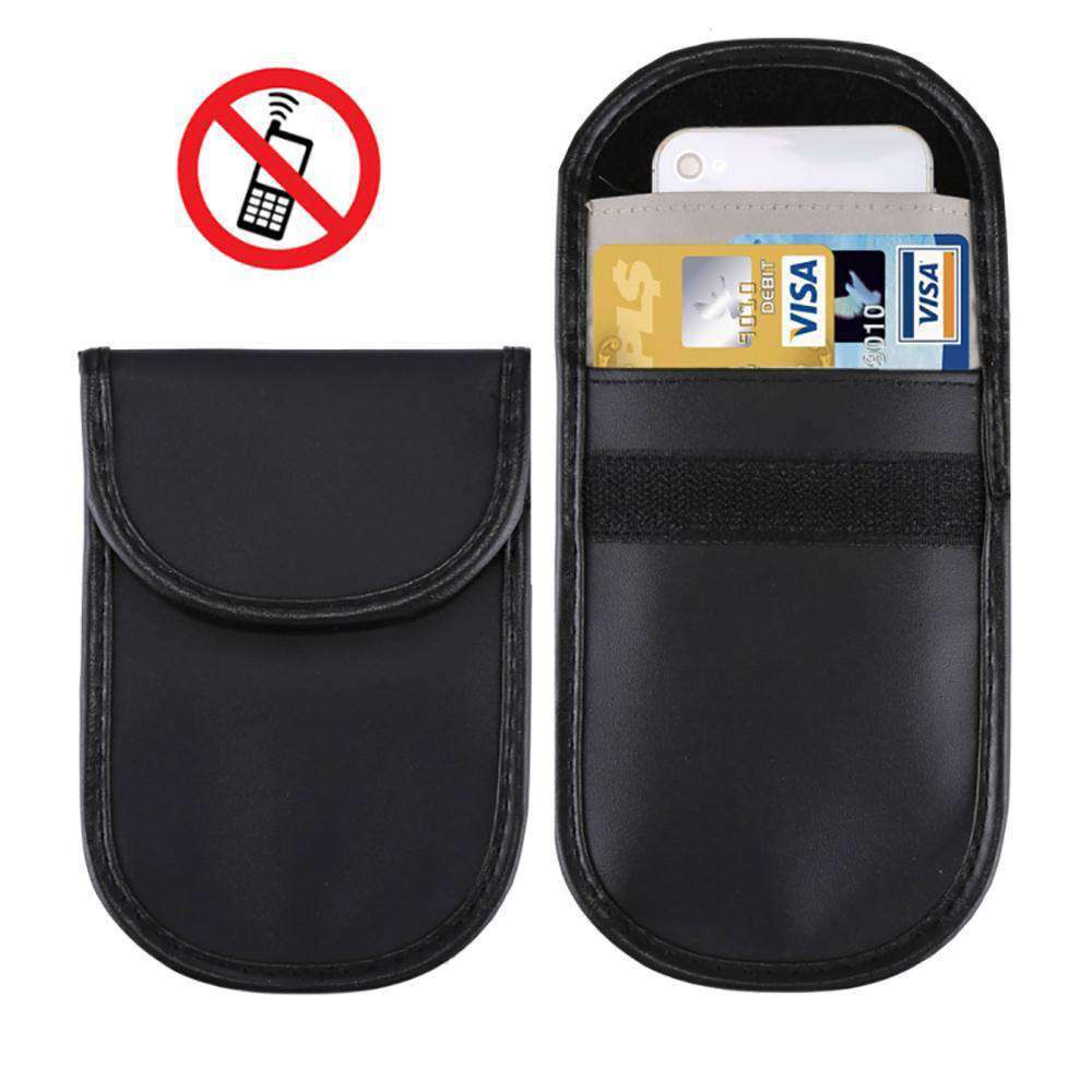 Amzer Frequency Blocking Bag in black, designed to block signals from electronic devices, featuring a card holder and compact design.