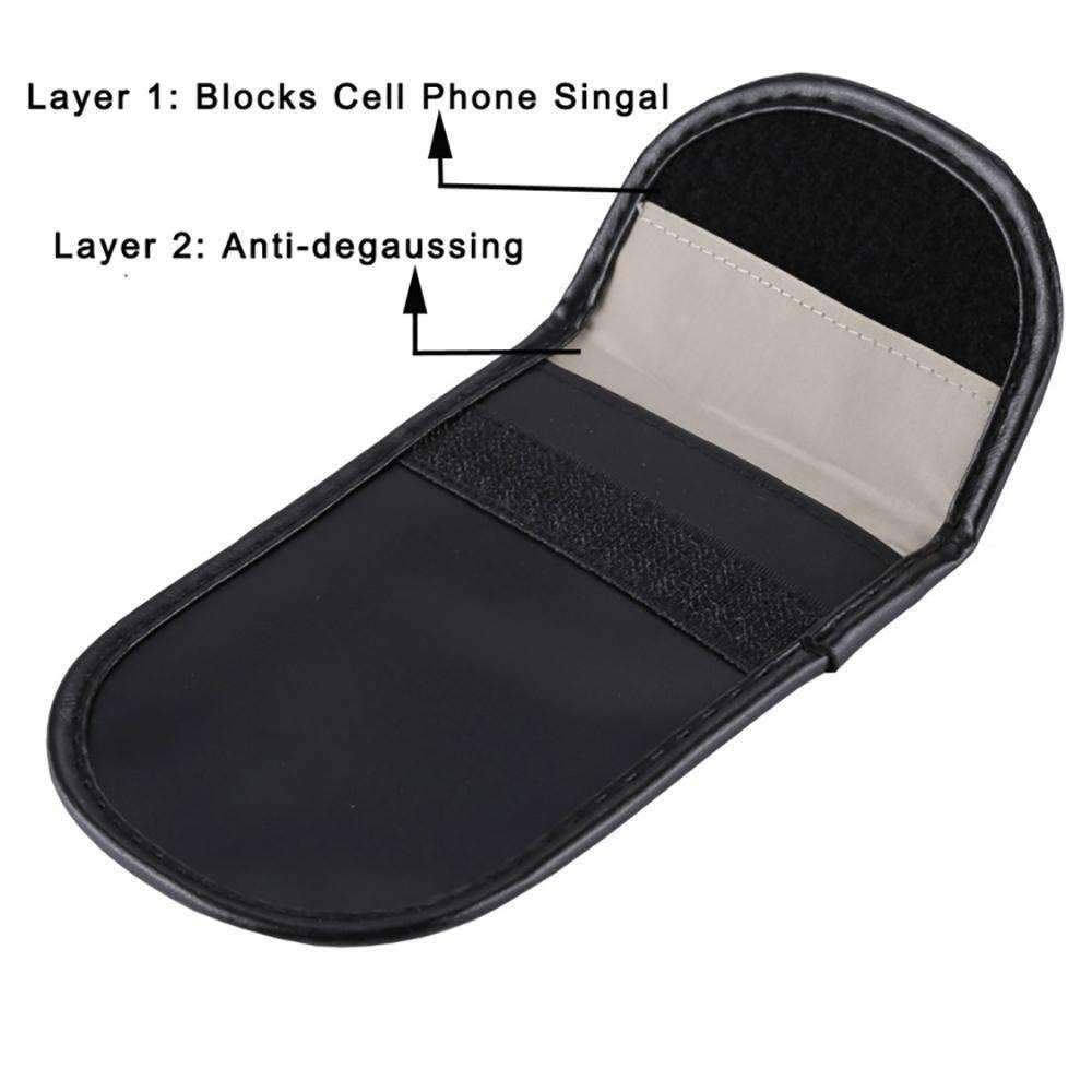 Amzer Frequency Blocking Bag in black, designed to block signals from electronic devices, featuring a card holder and compact design.