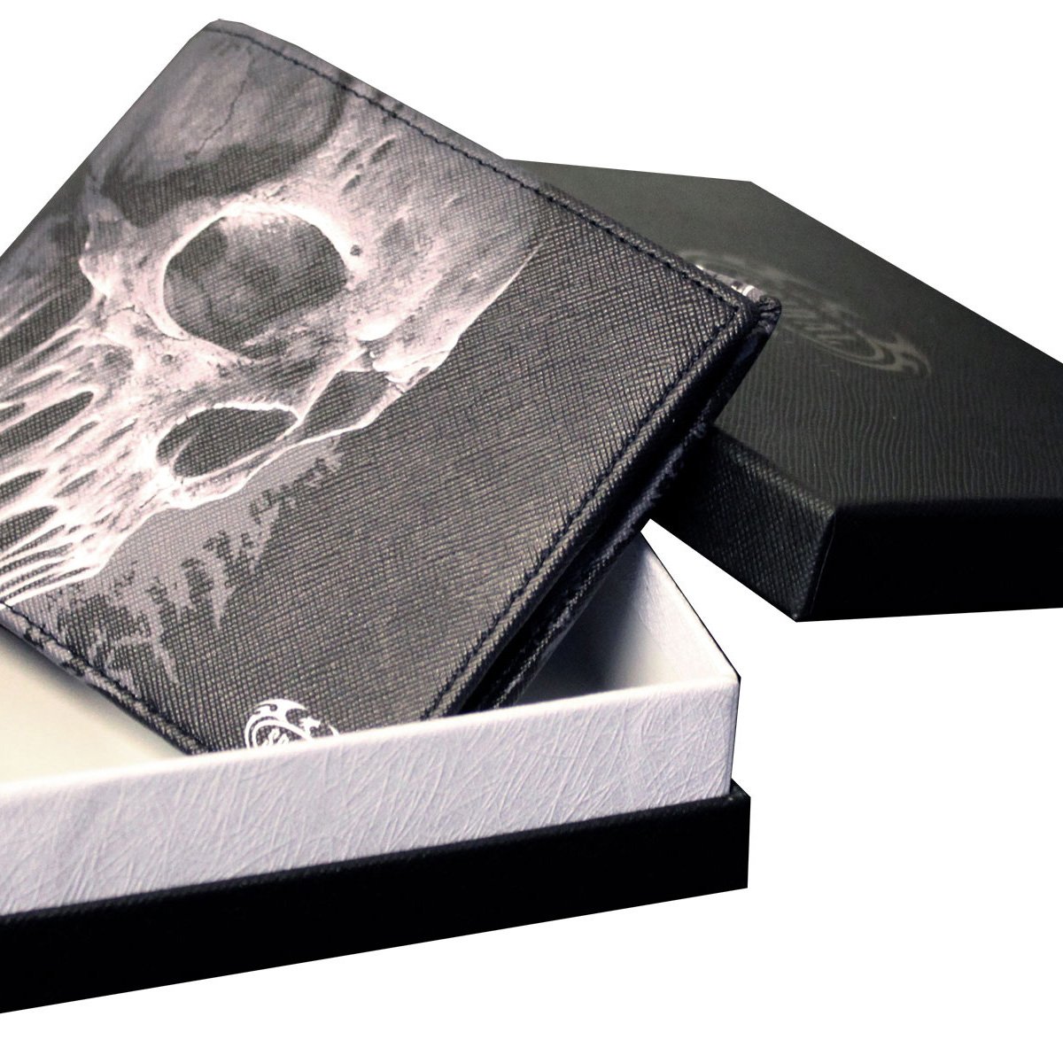 BAT CURSE BiFold Wallet featuring a gothic skull design with bats, RFID blocking technology, and a gift box.