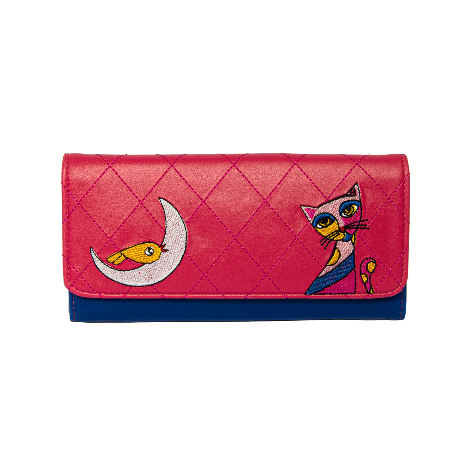 Biggdesign Owl and City Damen Geldbörse aus PU-Leder mit Katzen-Stickerei, 11 Kartenfächer und Magnetverschluss in Rosa und Blau.