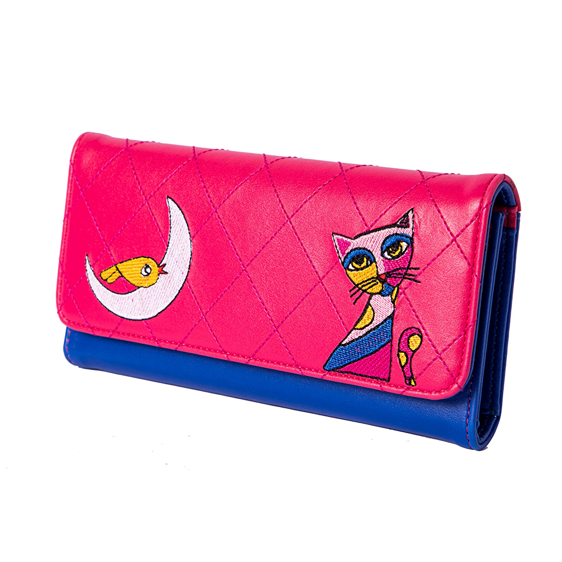Biggdesign Owl and City Damen Geldbörse aus PU-Leder mit Katzen-Stickerei, 11 Kartenfächer und Magnetverschluss in Rosa und Blau.