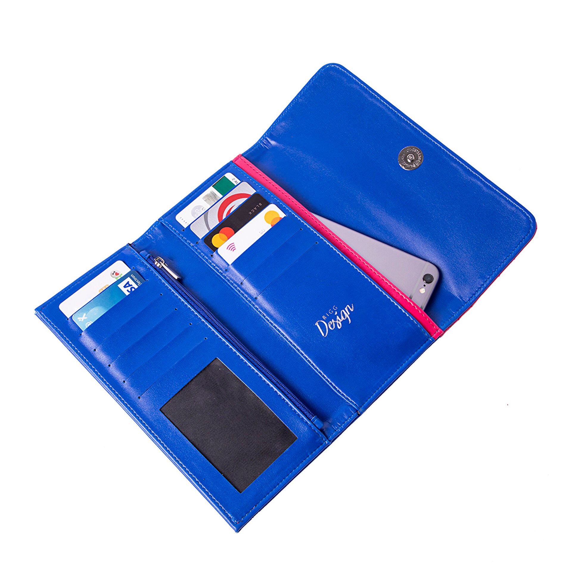 Biggdesign Owl and City Damen Geldbörse aus PU-Leder mit Katzen-Stickerei, 11 Kartenfächer und Magnetverschluss in Rosa und Blau.