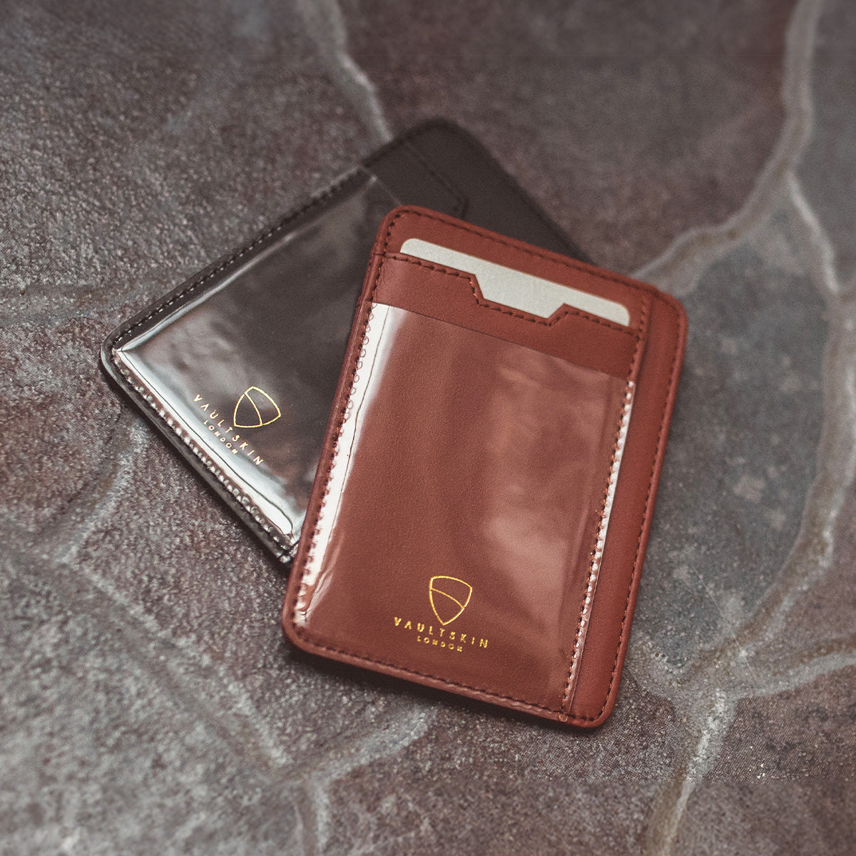 Vaultskin BRIXTON Slim Card Holder in genuine leather, showcasing its sleek design and multiple pockets.