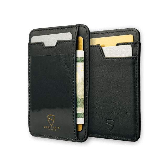 Vaultskin BRIXTON Slim Card Holder in genuine leather, showcasing its sleek design and multiple pockets.