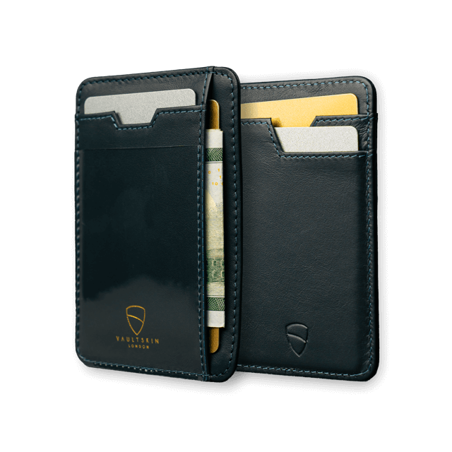 Vaultskin BRIXTON Slim Card Holder in genuine leather, showcasing its sleek design and multiple pockets.